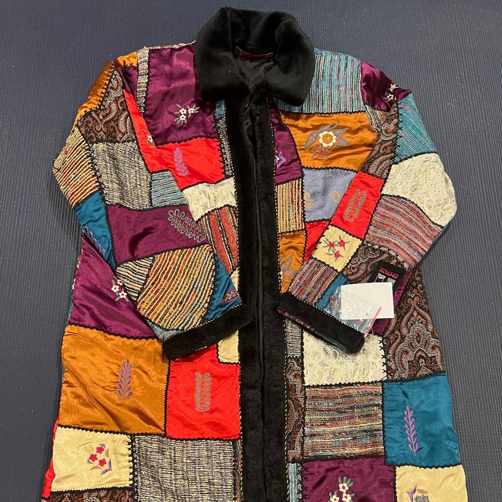 MULTI PATTERN/COLOR EMBELLISHED COAT WITH FAUX FUR TRIM - NWT